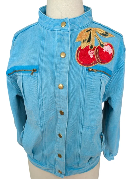 ELF SACK Turquoise Cotton Denim Jacket With Embroidered Cherries. Medium. - Picture 1 of 16